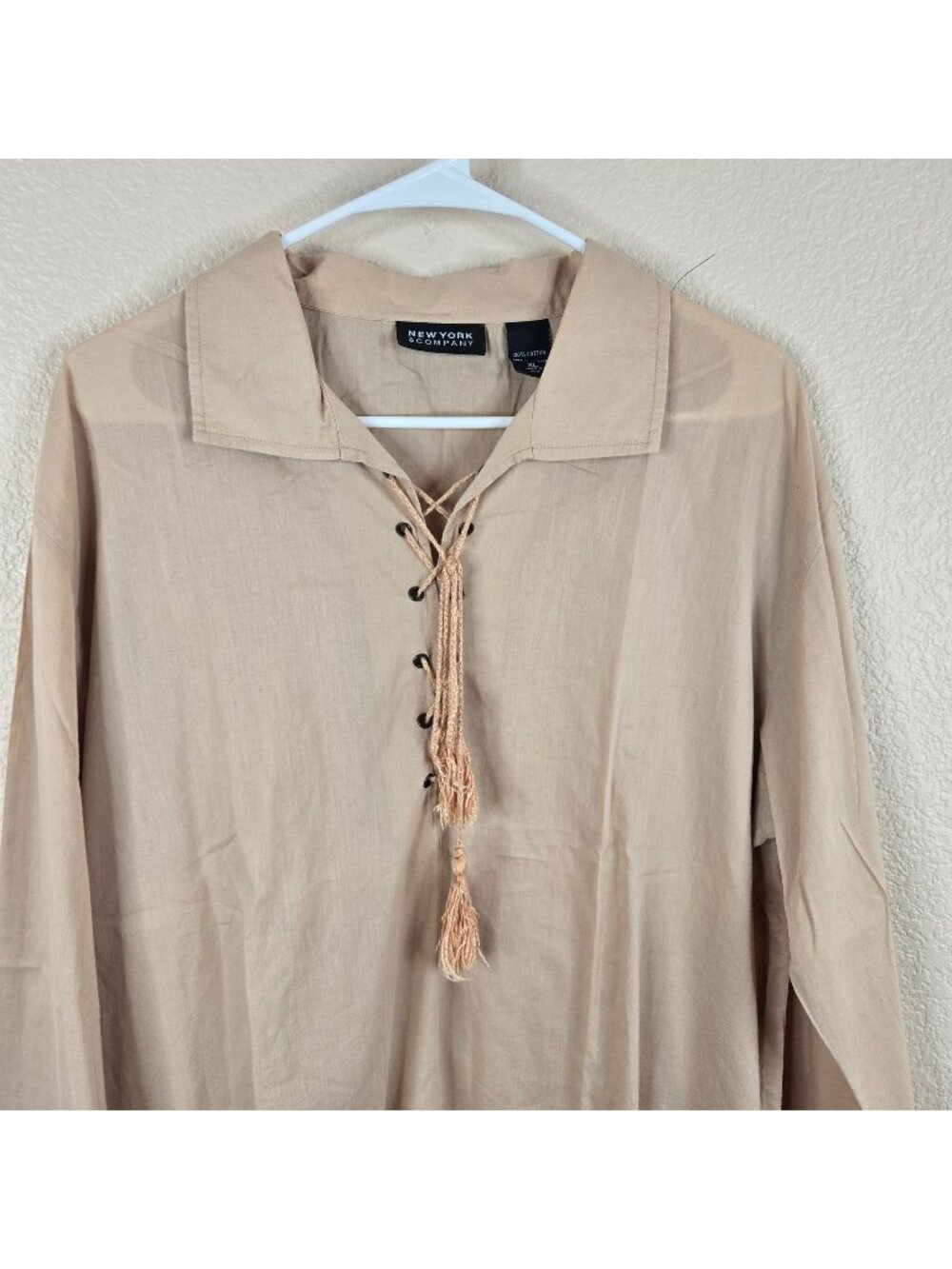 Vintage 90s Beige Lace-Up Cotton Blouse XL Long Sleeve Pirate Cos Play Medieval